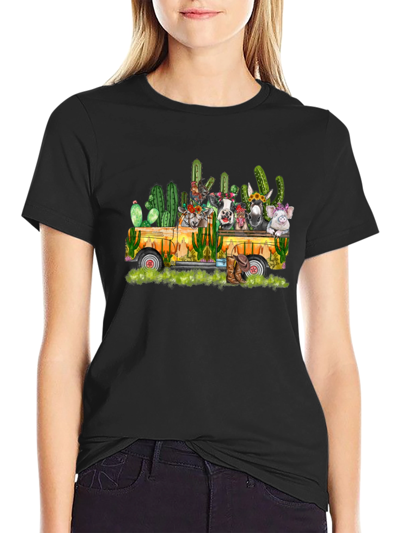 Farm Animal Cactus Truck Black T-Shirt