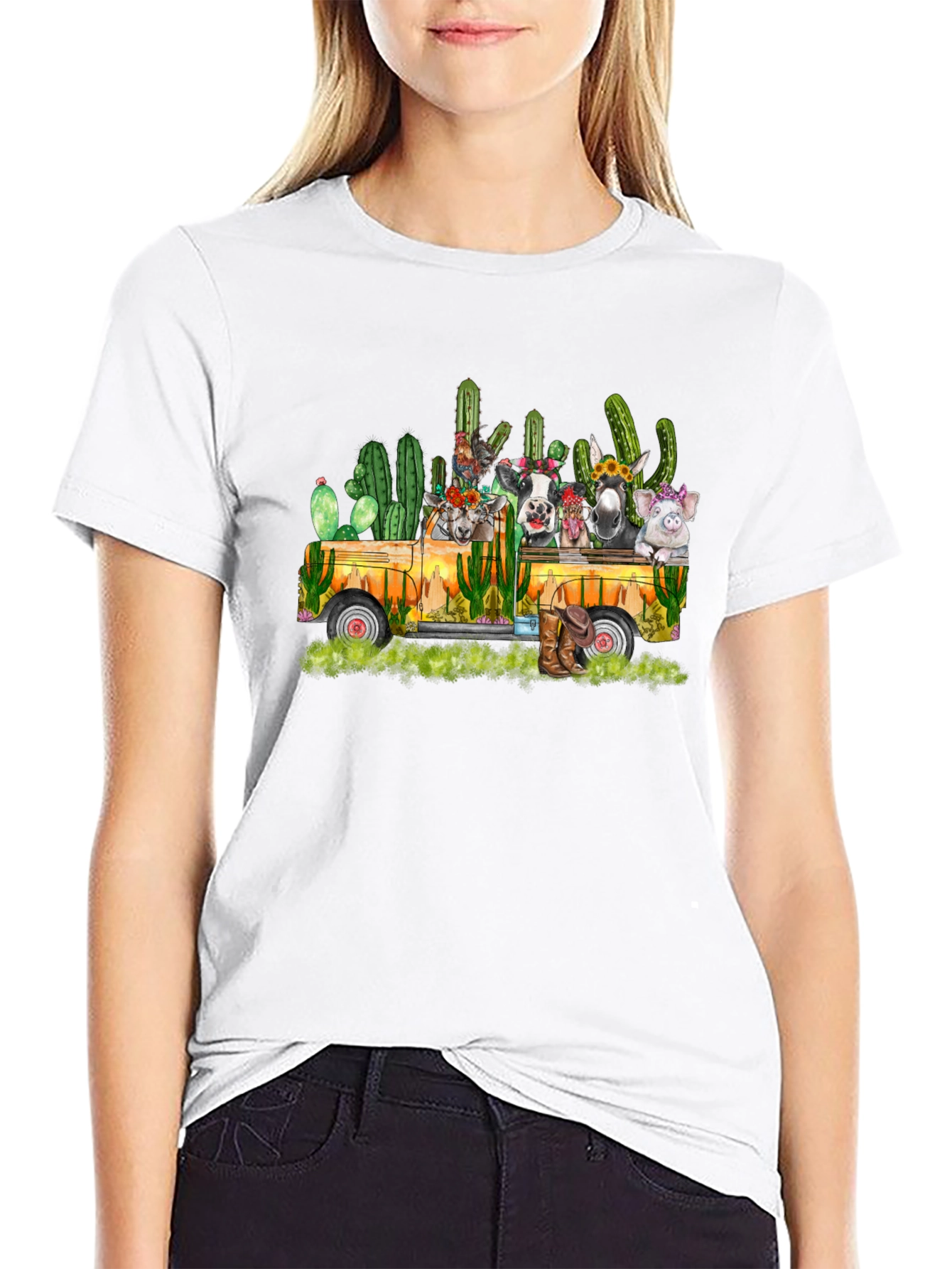 Farm Animal Cactus Truck Black T-Shirt