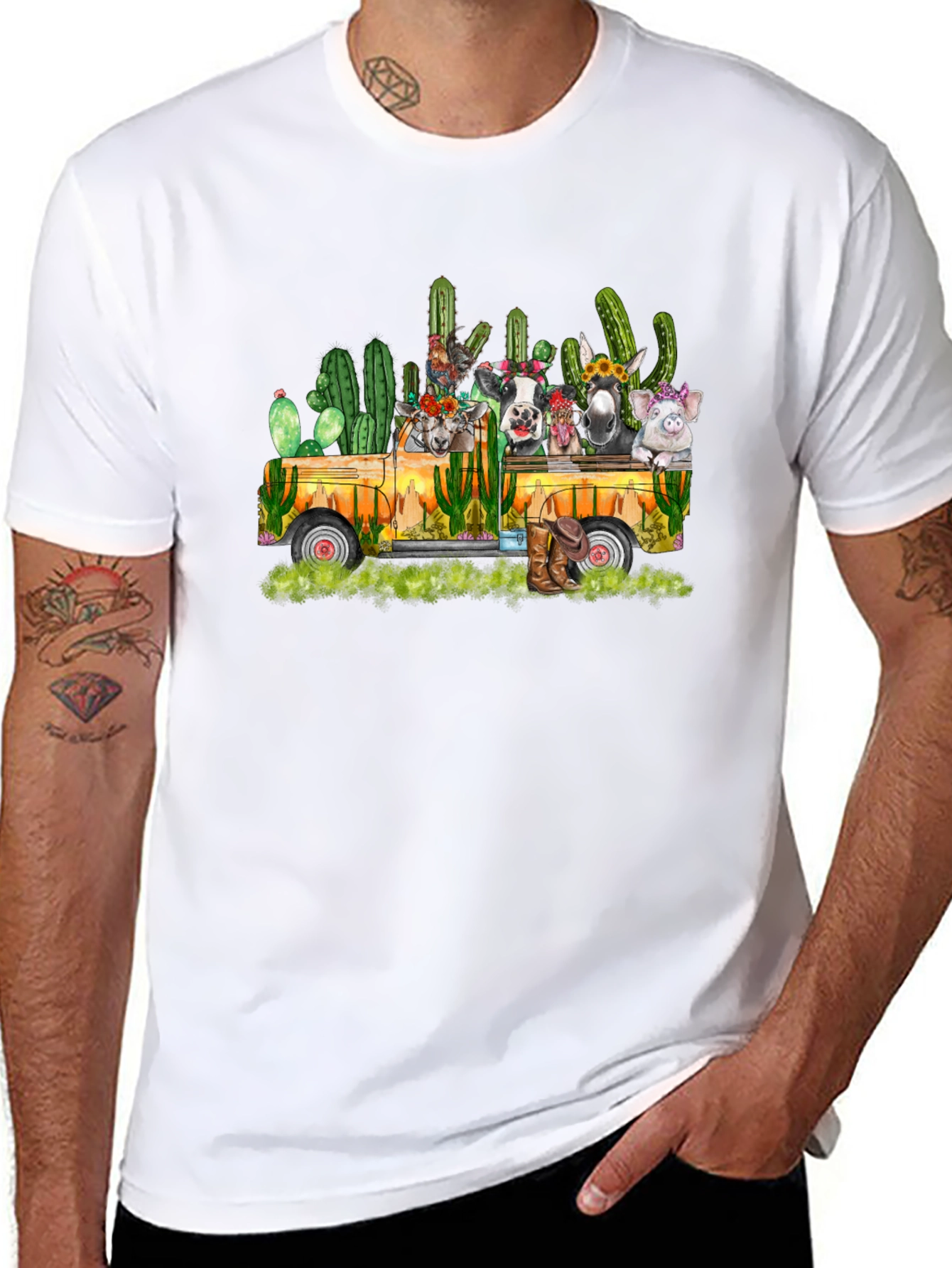 Farm Animal Cactus Truck Black T-Shirt