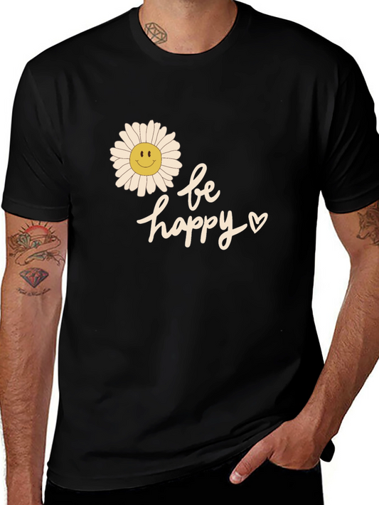 Be Happy Floral Graphic Tee - Unisex Black T-Shirt