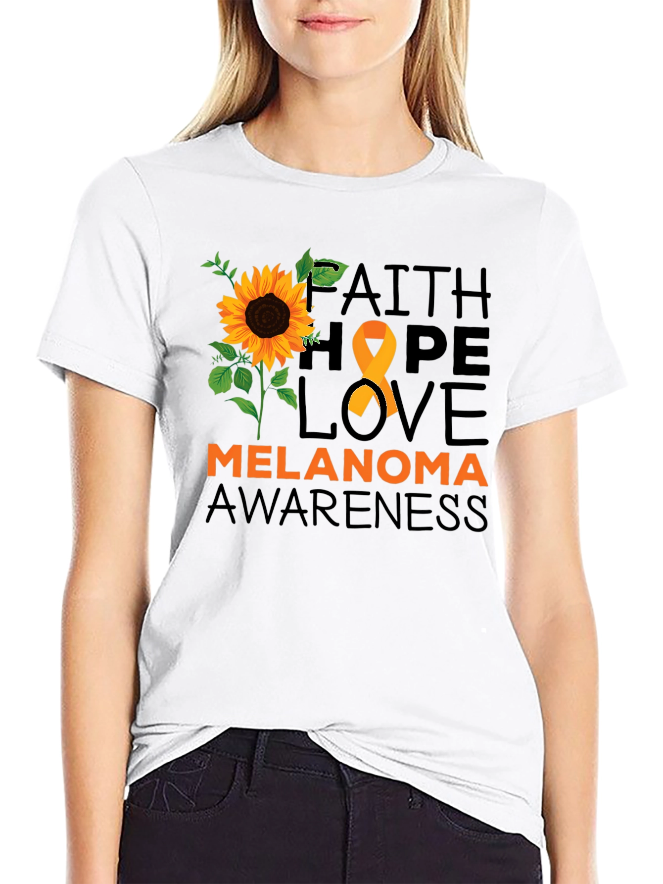 Melanoma Awareness T-Shirt Sunflower Hope Love Faith Ribbon