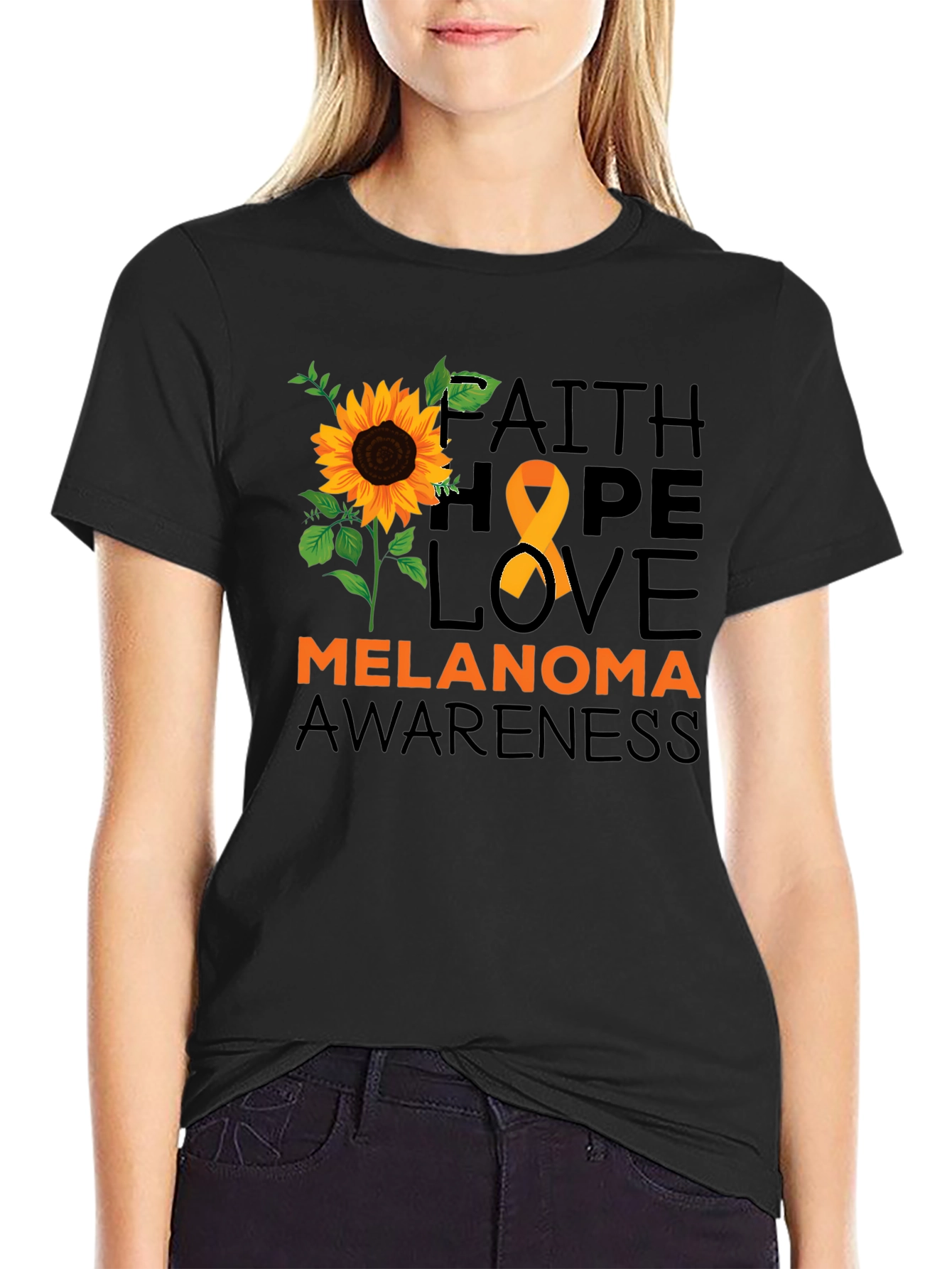 Melanoma Awareness T-Shirt Sunflower Hope Love Faith Ribbon