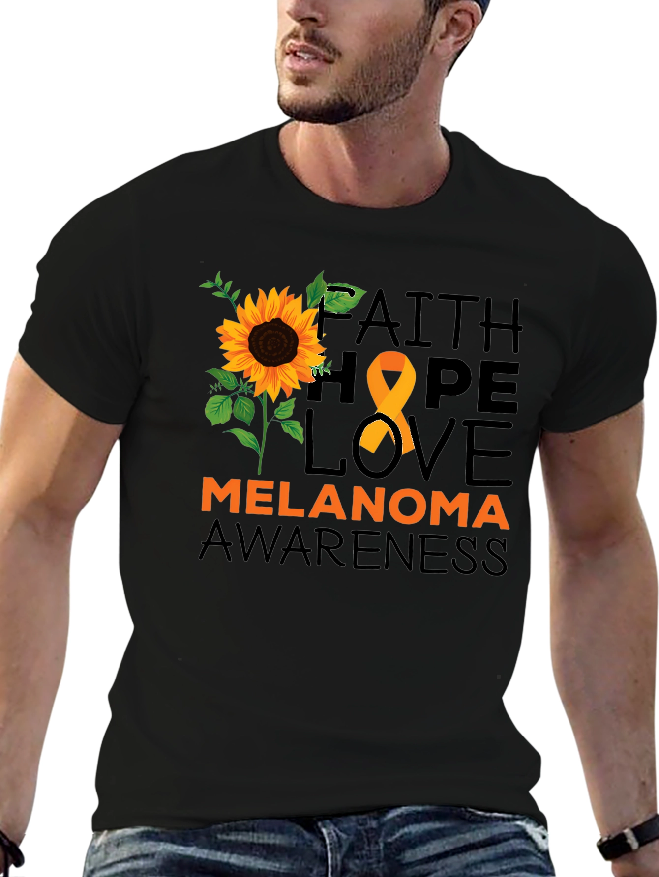 Melanoma Awareness T-Shirt Sunflower Hope Love Faith Ribbon