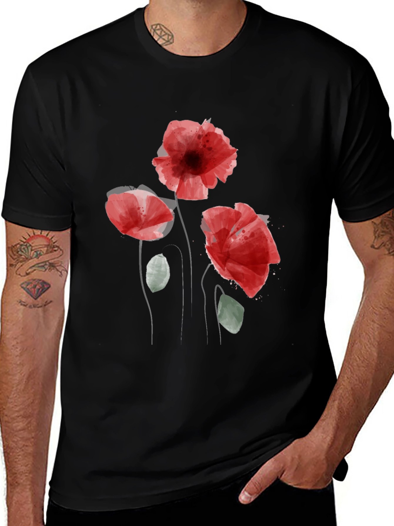 Floral Print Black Casual T-Shirt