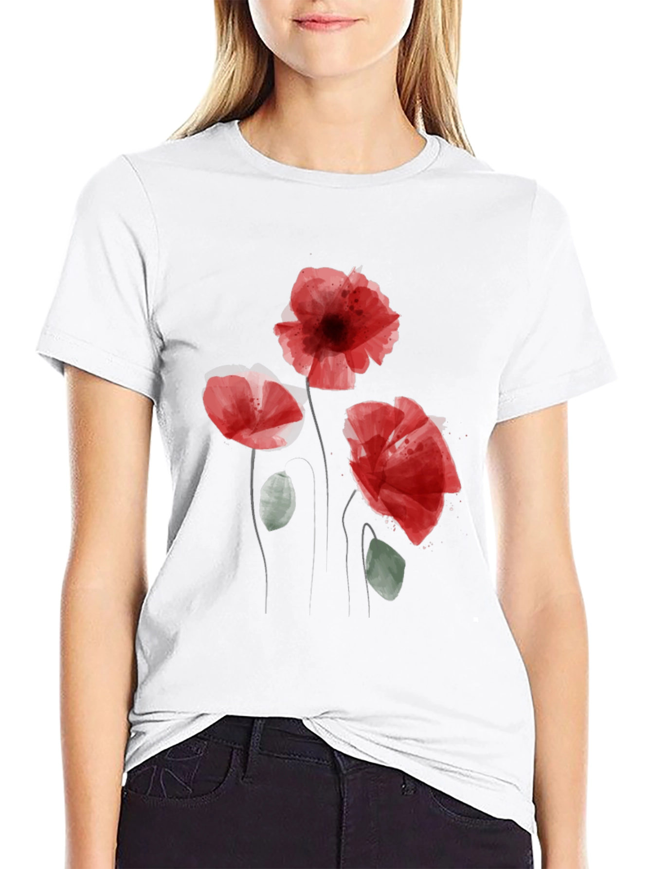 Floral Print Black Casual T-Shirt
