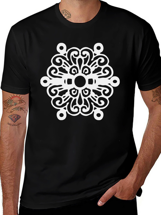 Black T-Shirt with White Swirl Medallion Design