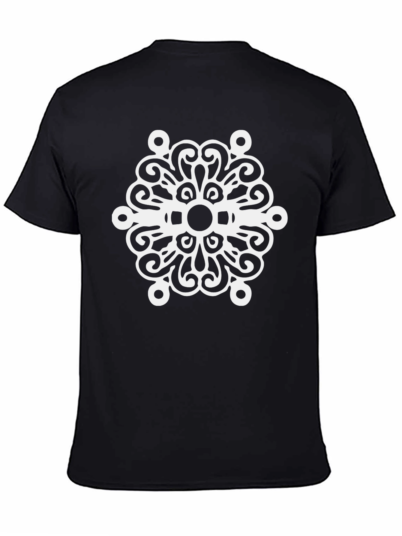 Black T-Shirt with White Swirl Medallion Design