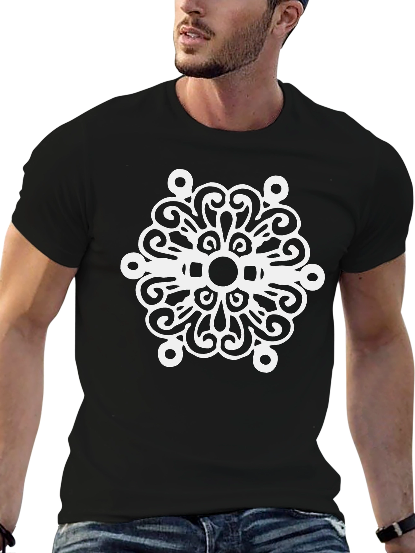 Black T-Shirt with White Swirl Medallion Design