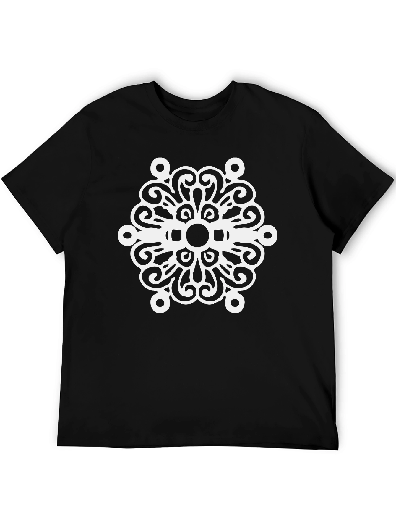 Black T-Shirt with White Swirl Medallion Design