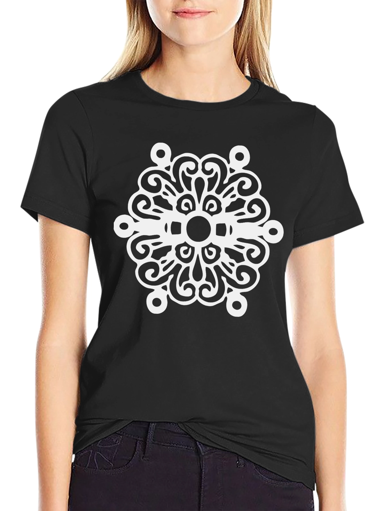 Black T-Shirt with White Swirl Medallion Design