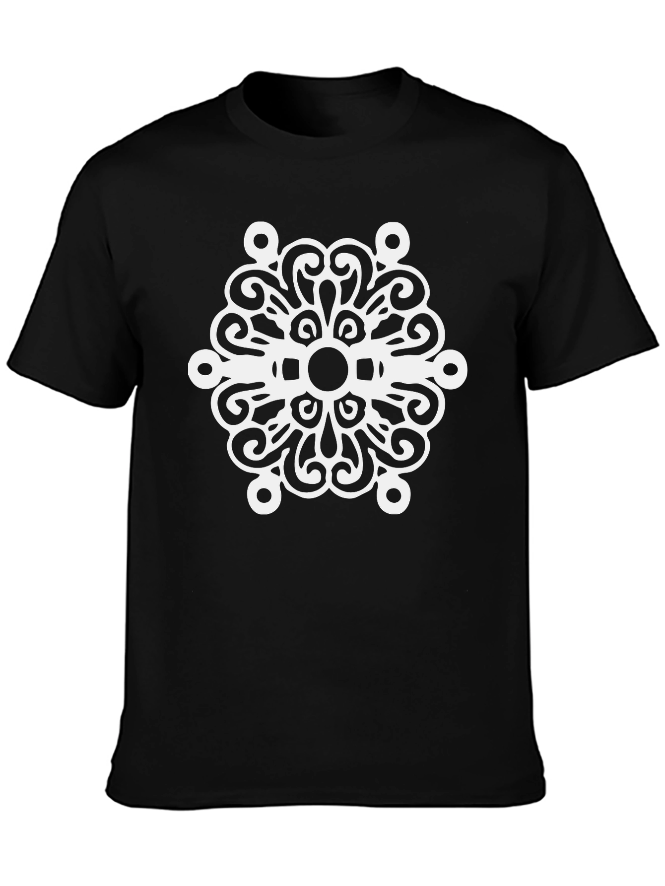 Black T-Shirt with White Swirl Medallion Design