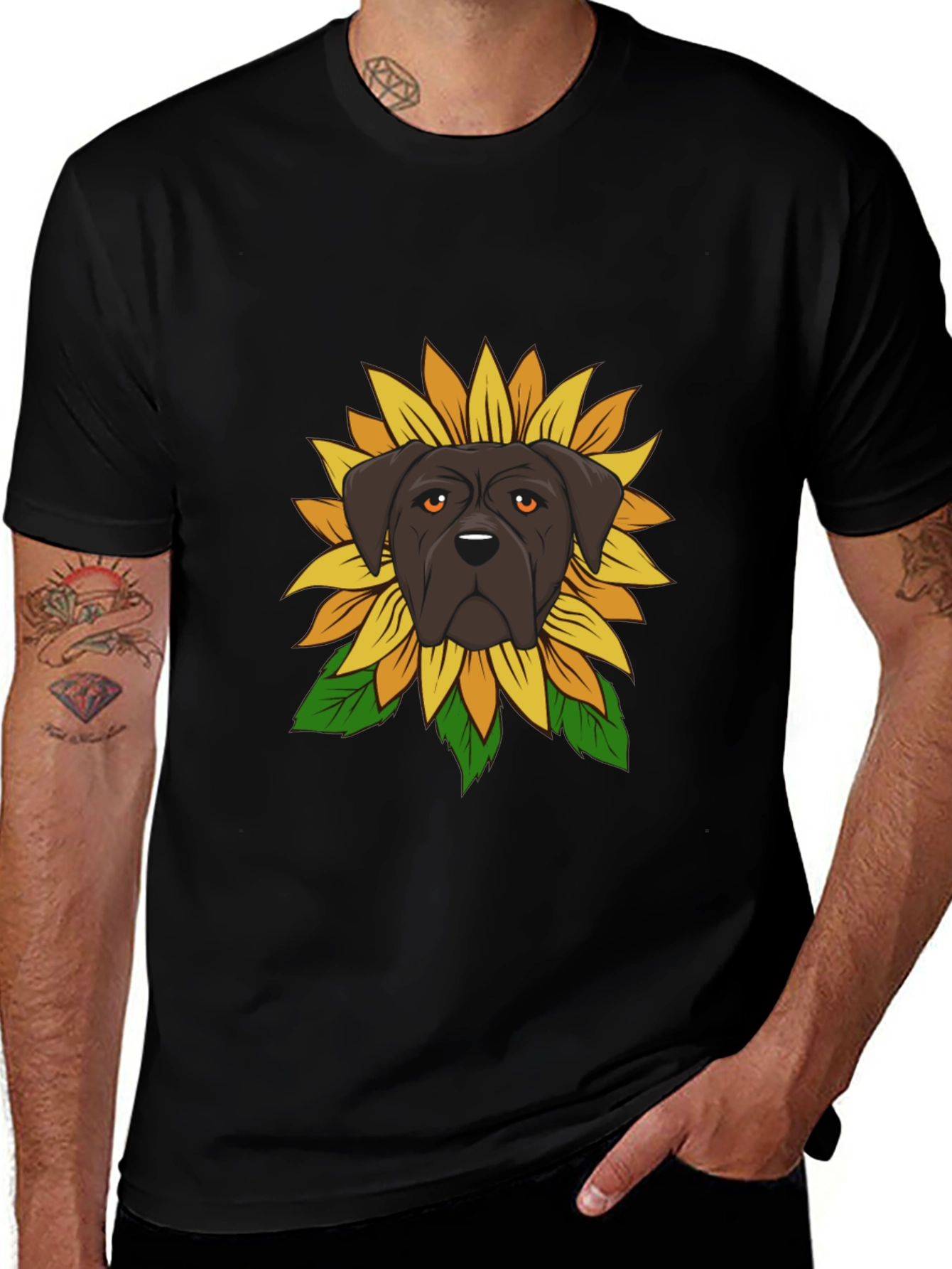 Dog Sunflower Graphic Tee - Black