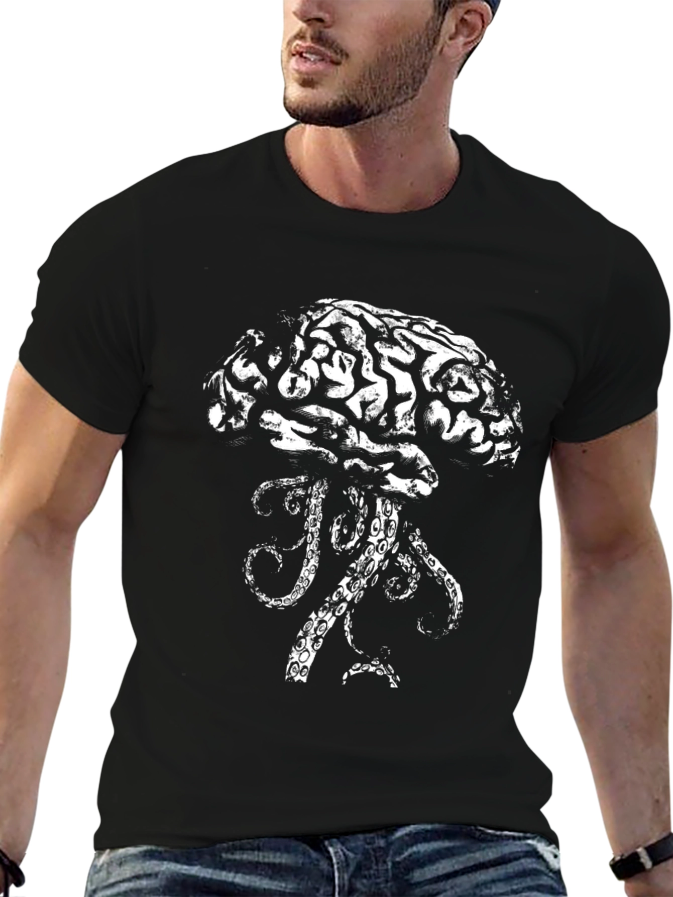 Brain Squid Graphic Tee - Black Cotton T-Shirt