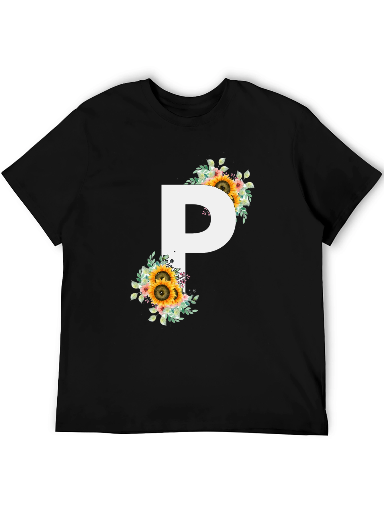 Floral Letter P Black T-Shirt