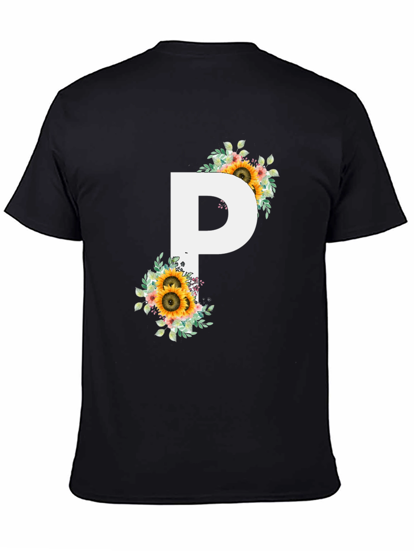 Floral Letter P Black T-Shirt
