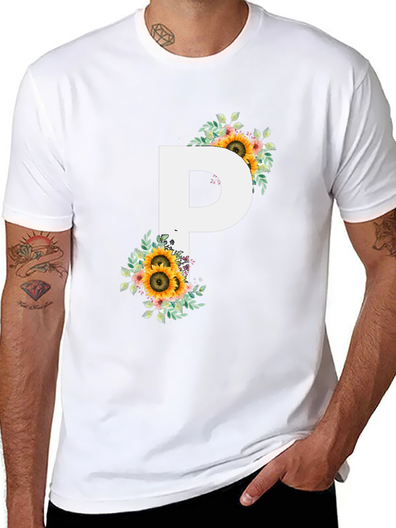 Floral Letter P Black T-Shirt