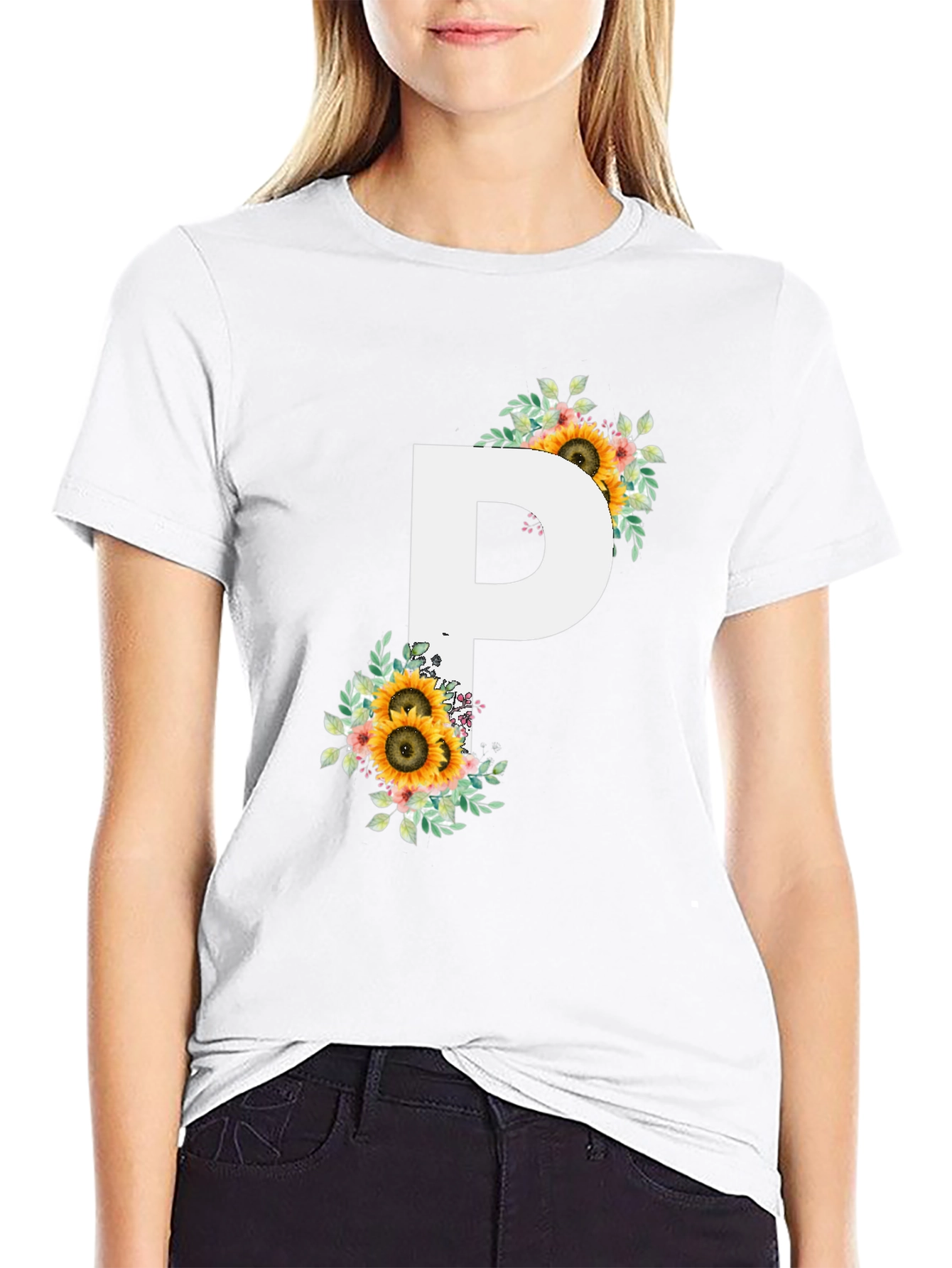 Floral Letter P Black T-Shirt