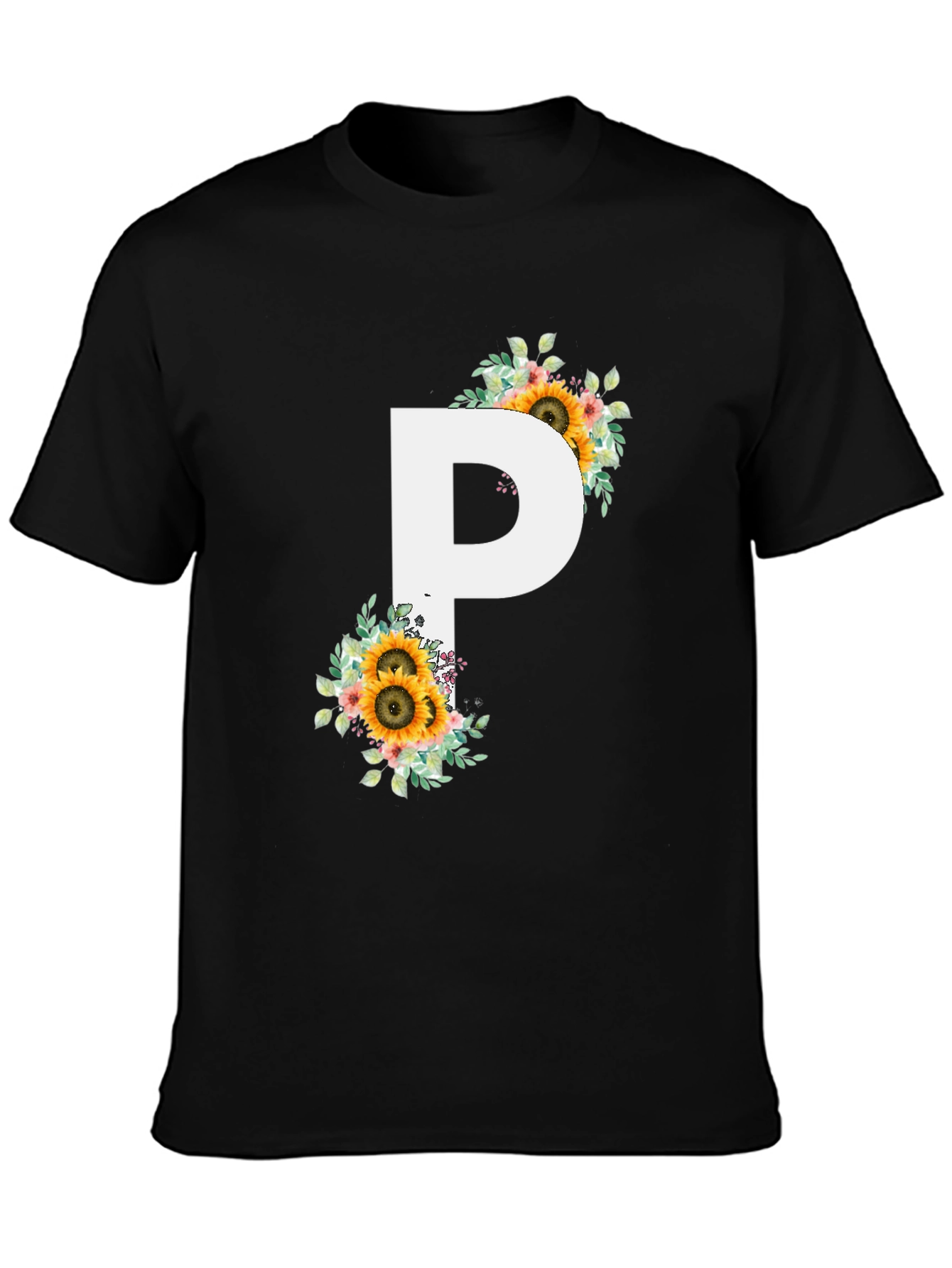 Floral Letter P Black T-Shirt