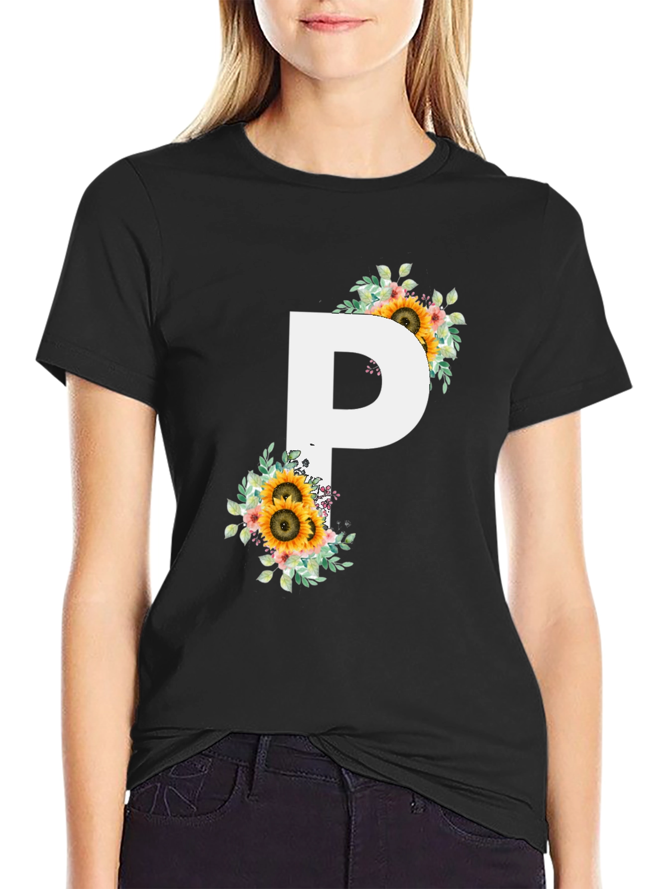 Floral Letter P Black T-Shirt