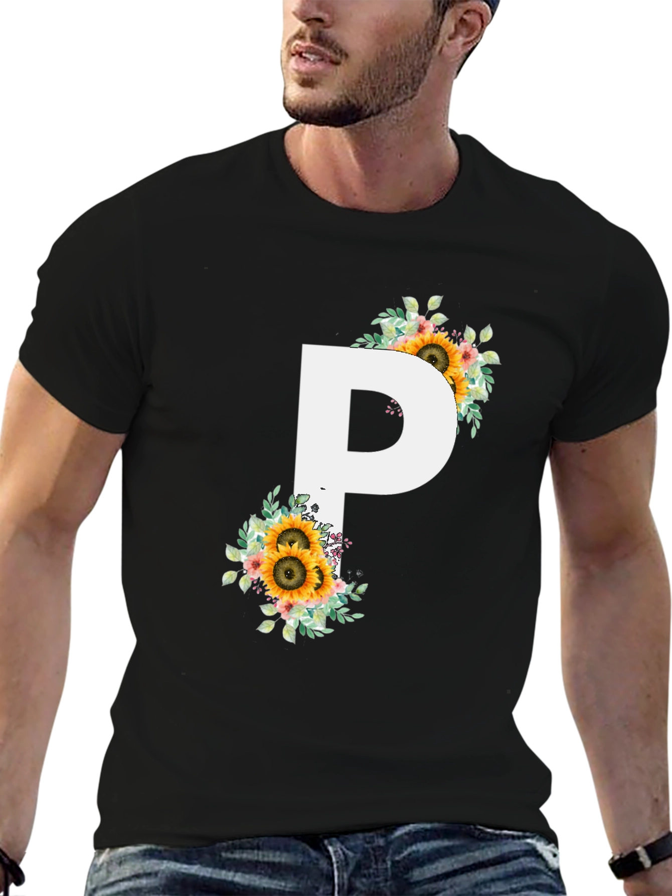 Floral Letter P Black T-Shirt