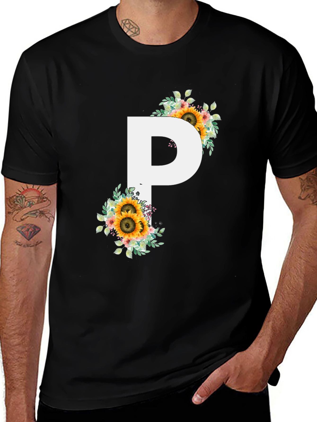 Floral Letter P Black T-Shirt