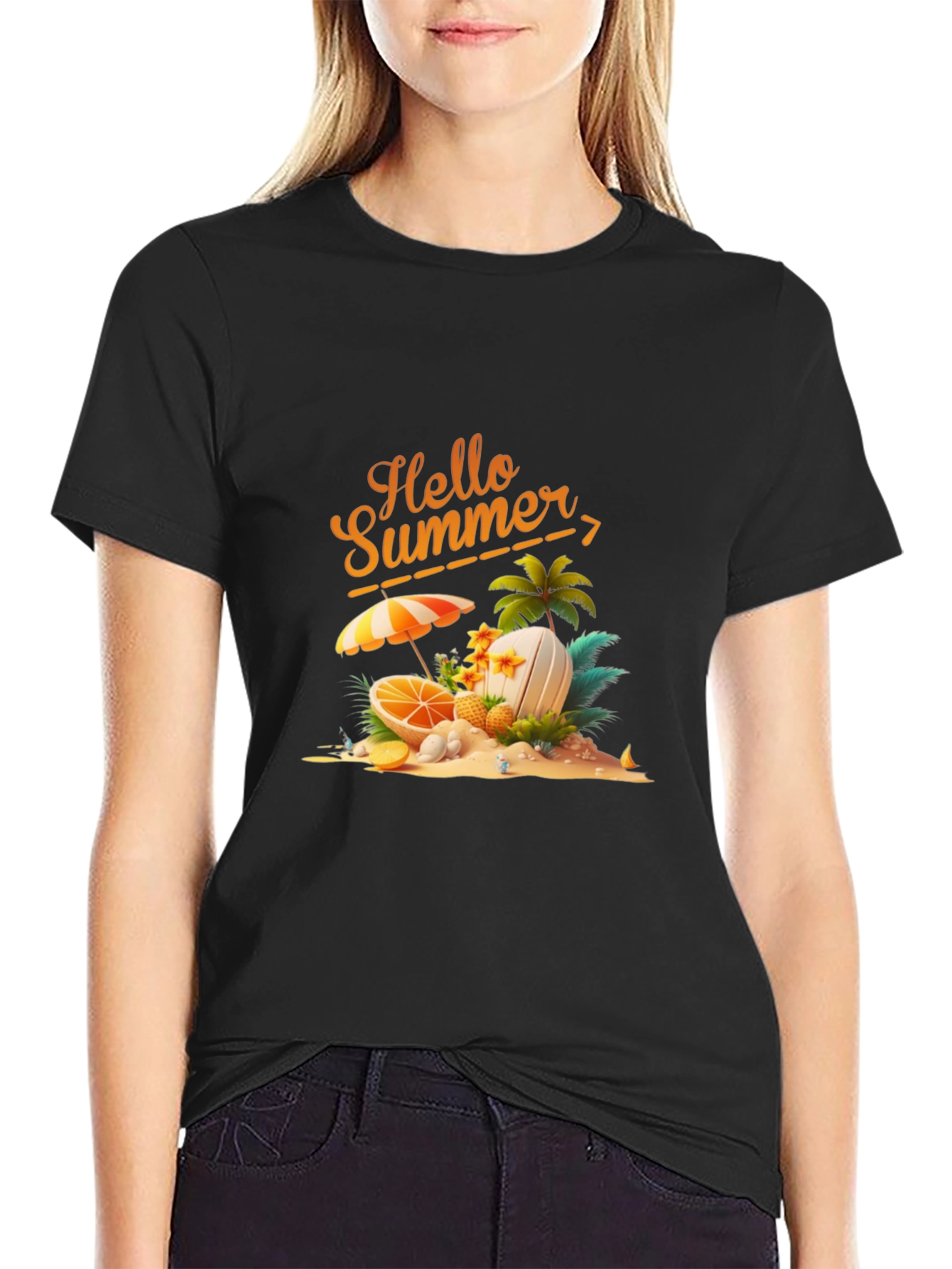 Hello Summer Graphic Print Black T-Shirt