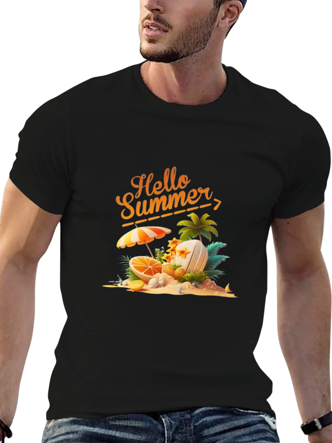 Hello Summer Graphic Print Black T-Shirt