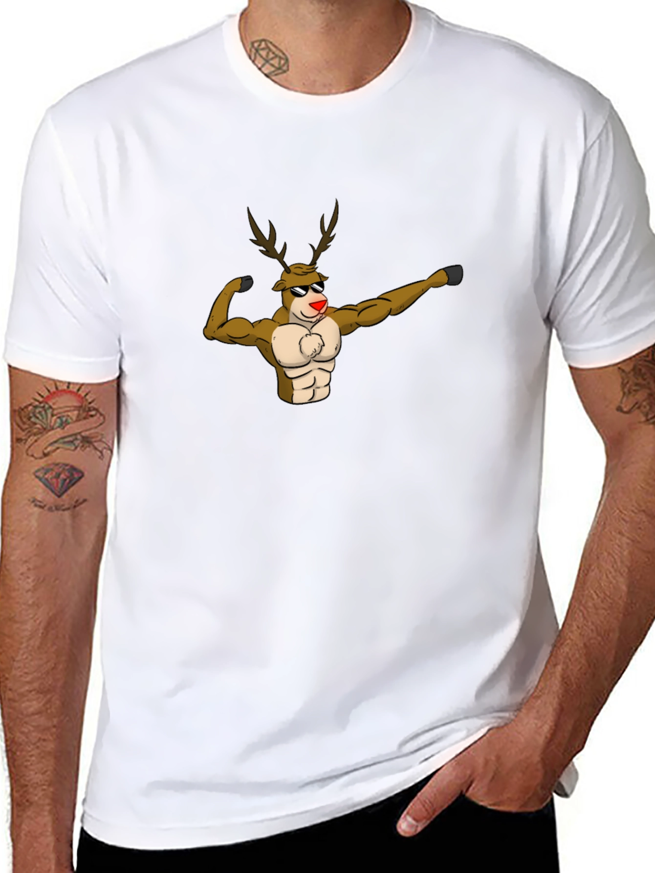 Muscular Reindeer Graphic T-Shirt