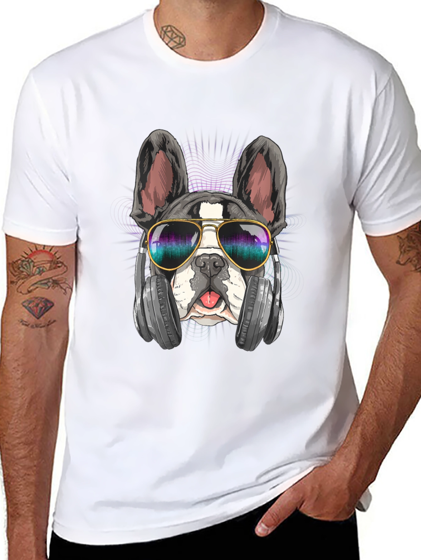 Cool Dog Graphic Tee: Music Lover Bulldog