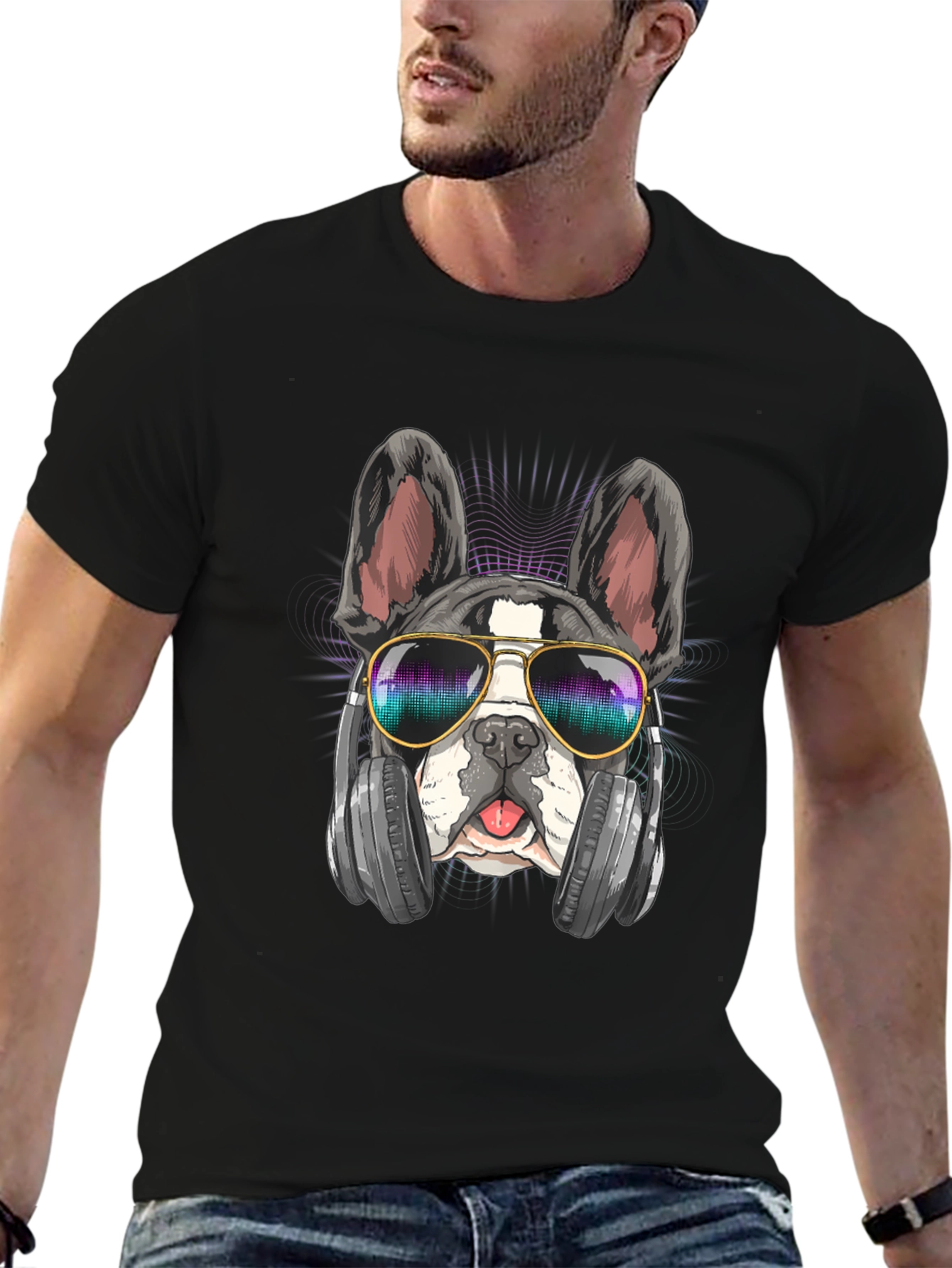 Cool Dog Graphic Tee: Music Lover Bulldog