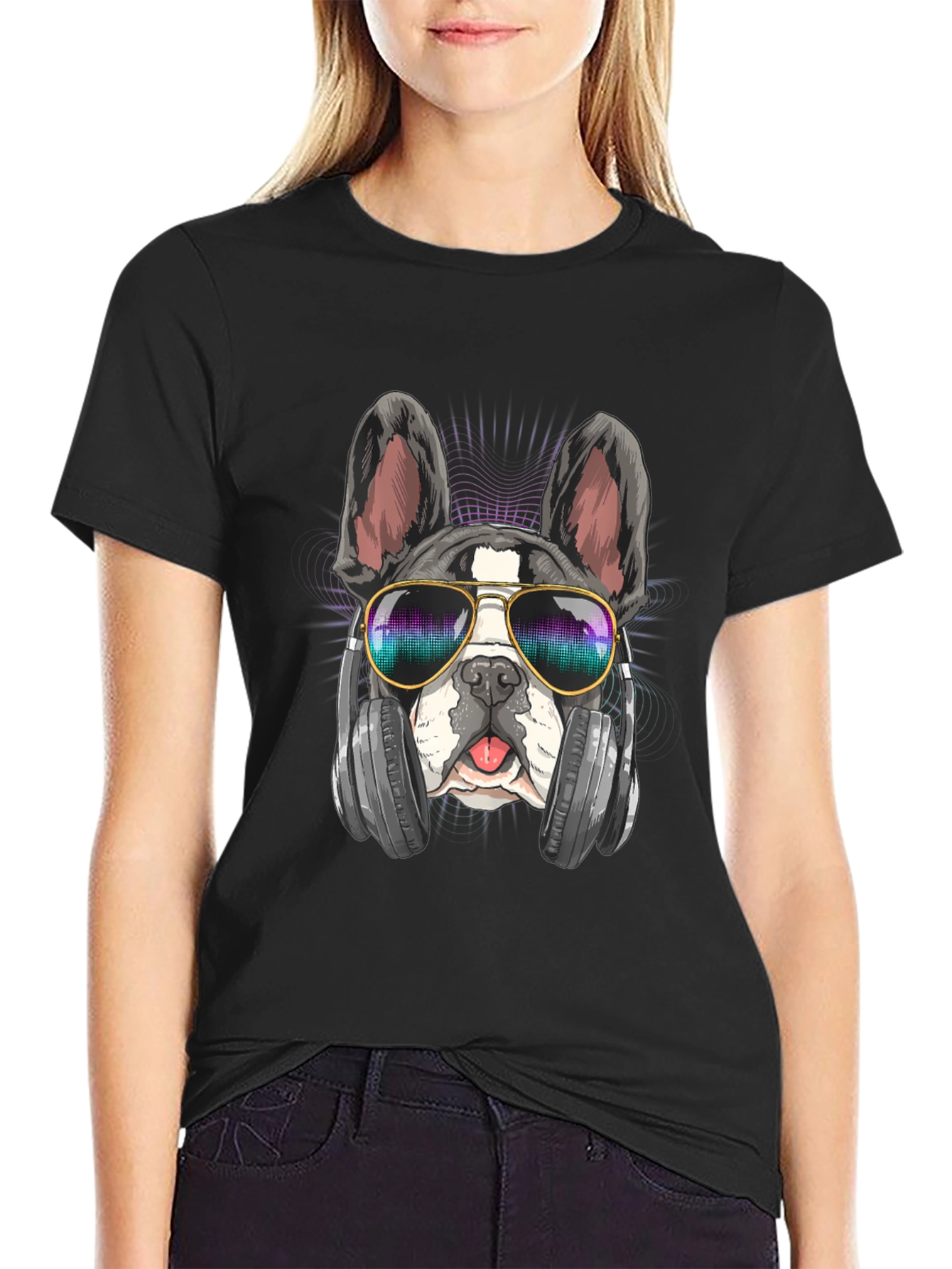 Cool Dog Graphic Tee: Music Lover Bulldog