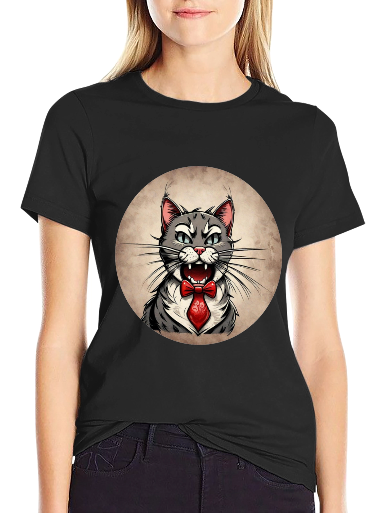 Cat in Tie Graphic Tee - Mens Black T-Shirt