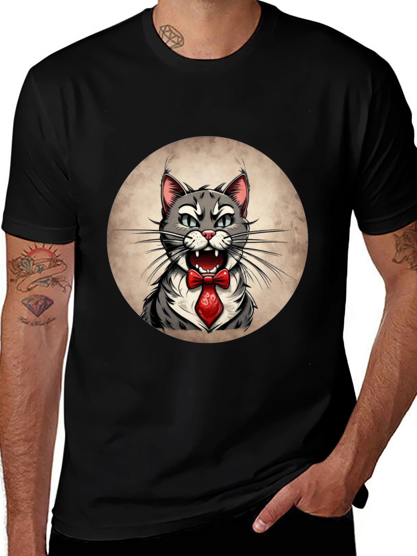 Cat in Tie Graphic Tee - Mens Black T-Shirt
