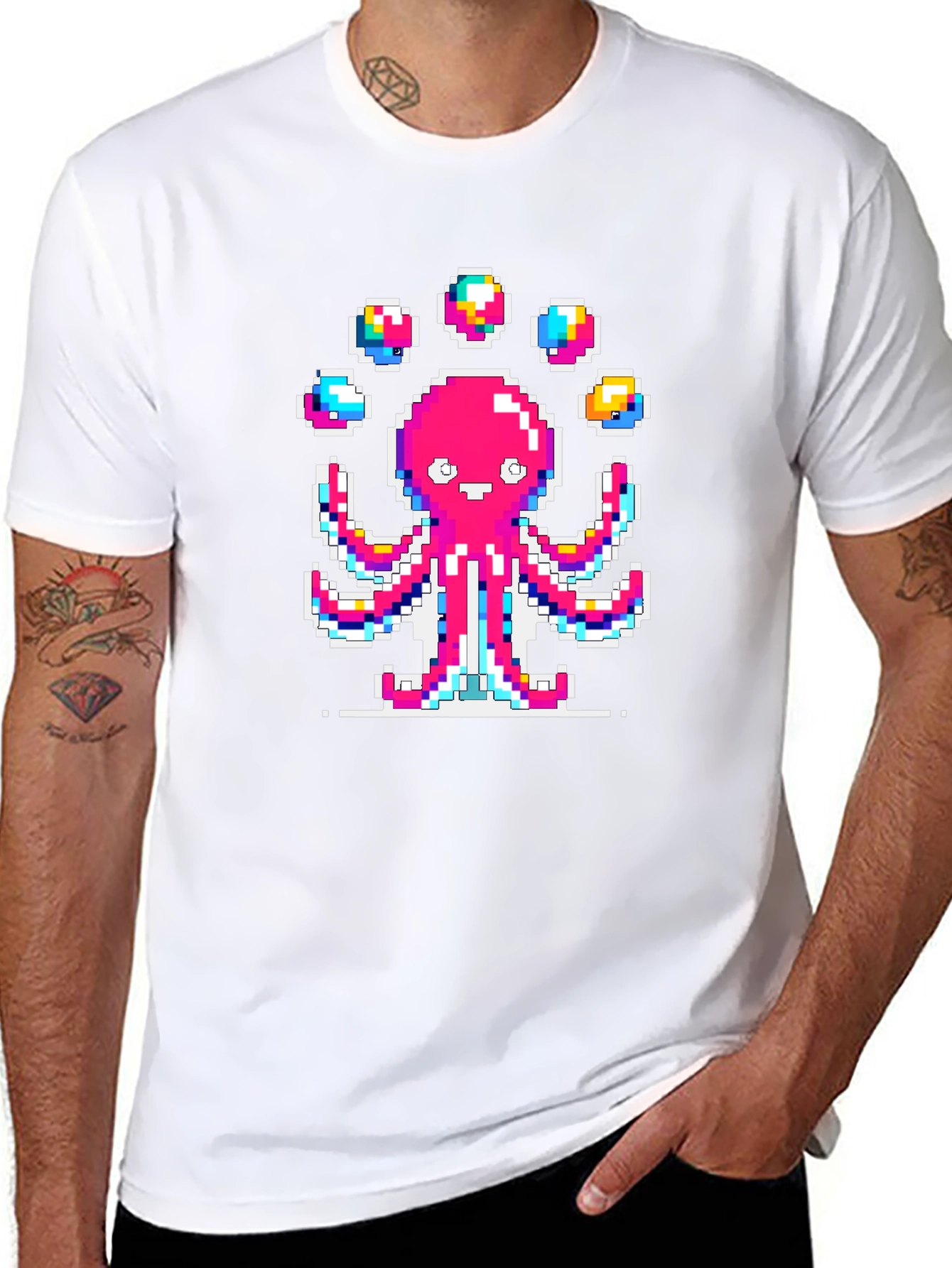 Pixel Art Octopus Juggling Graphic T-Shirt