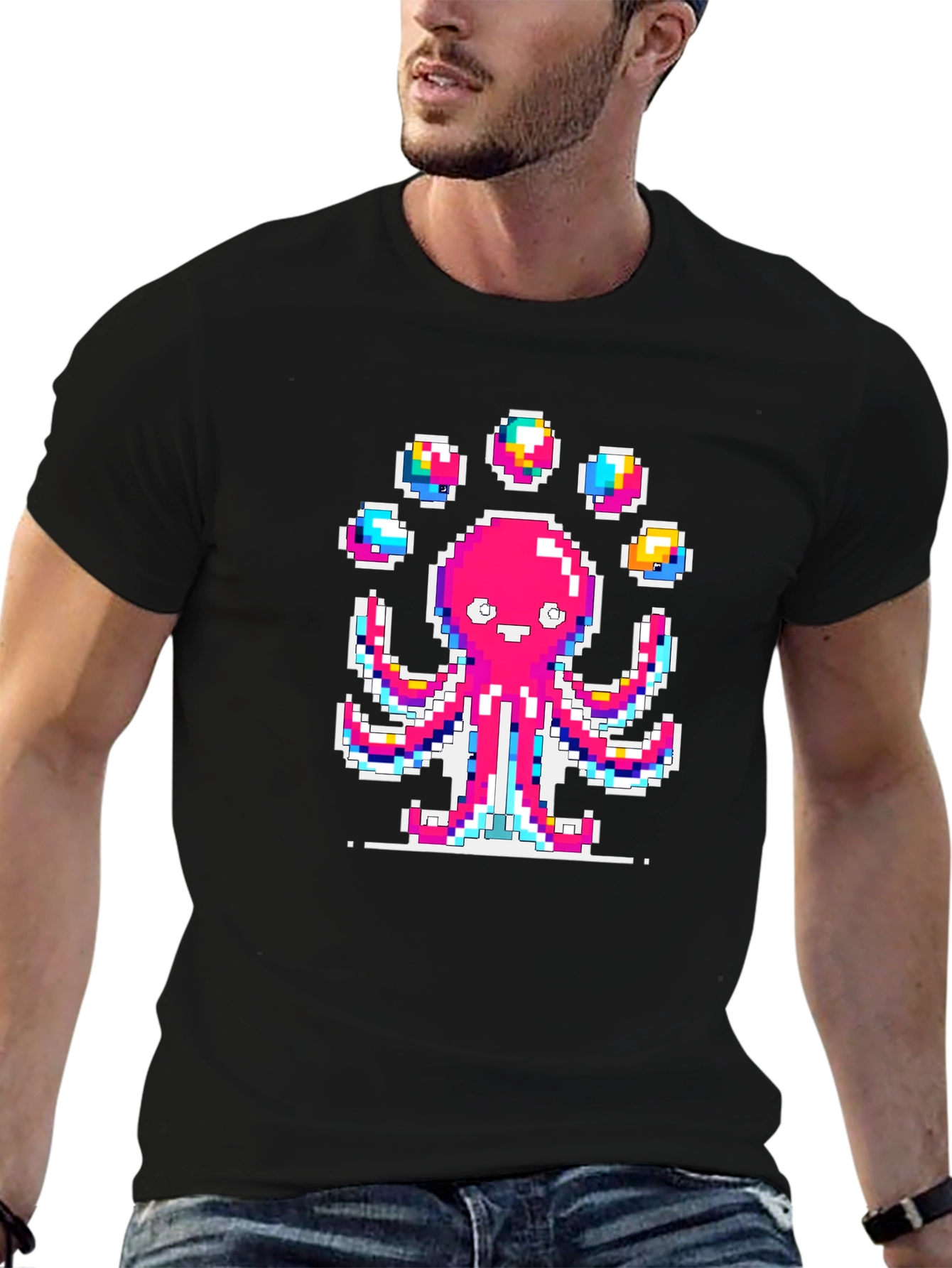 Pixel Art Octopus Juggling Graphic T-Shirt