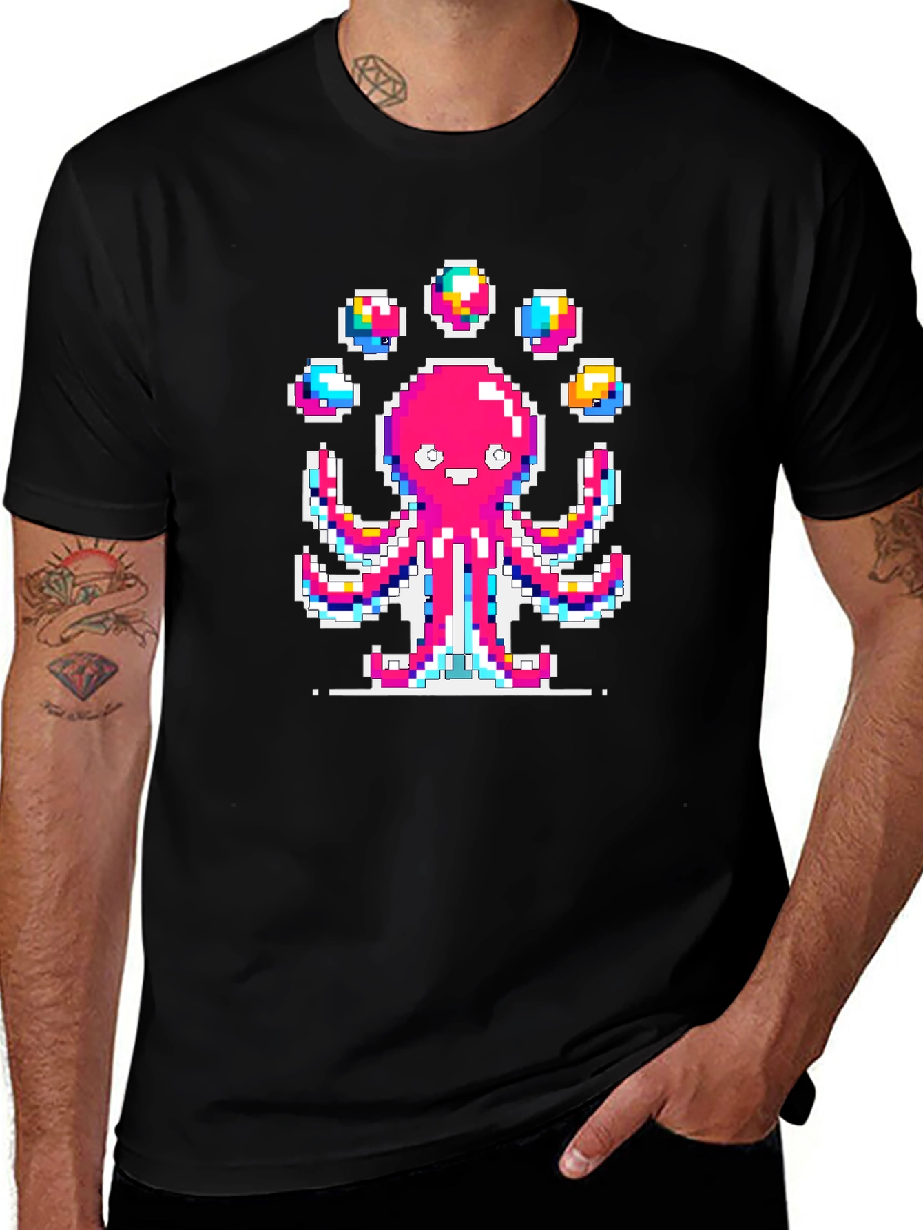 Pixel Art Octopus Juggling Graphic T-Shirt