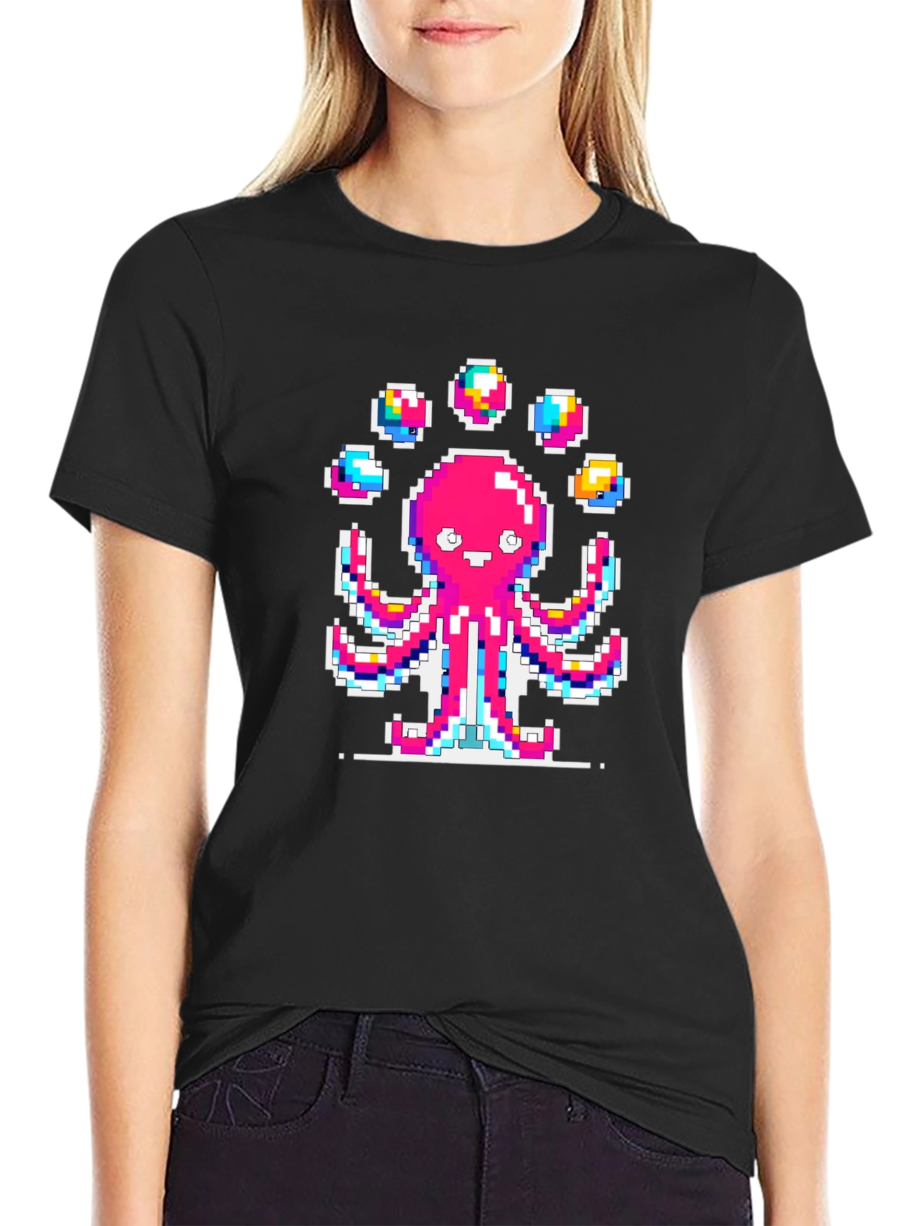 Pixel Art Octopus Juggling Graphic T-Shirt