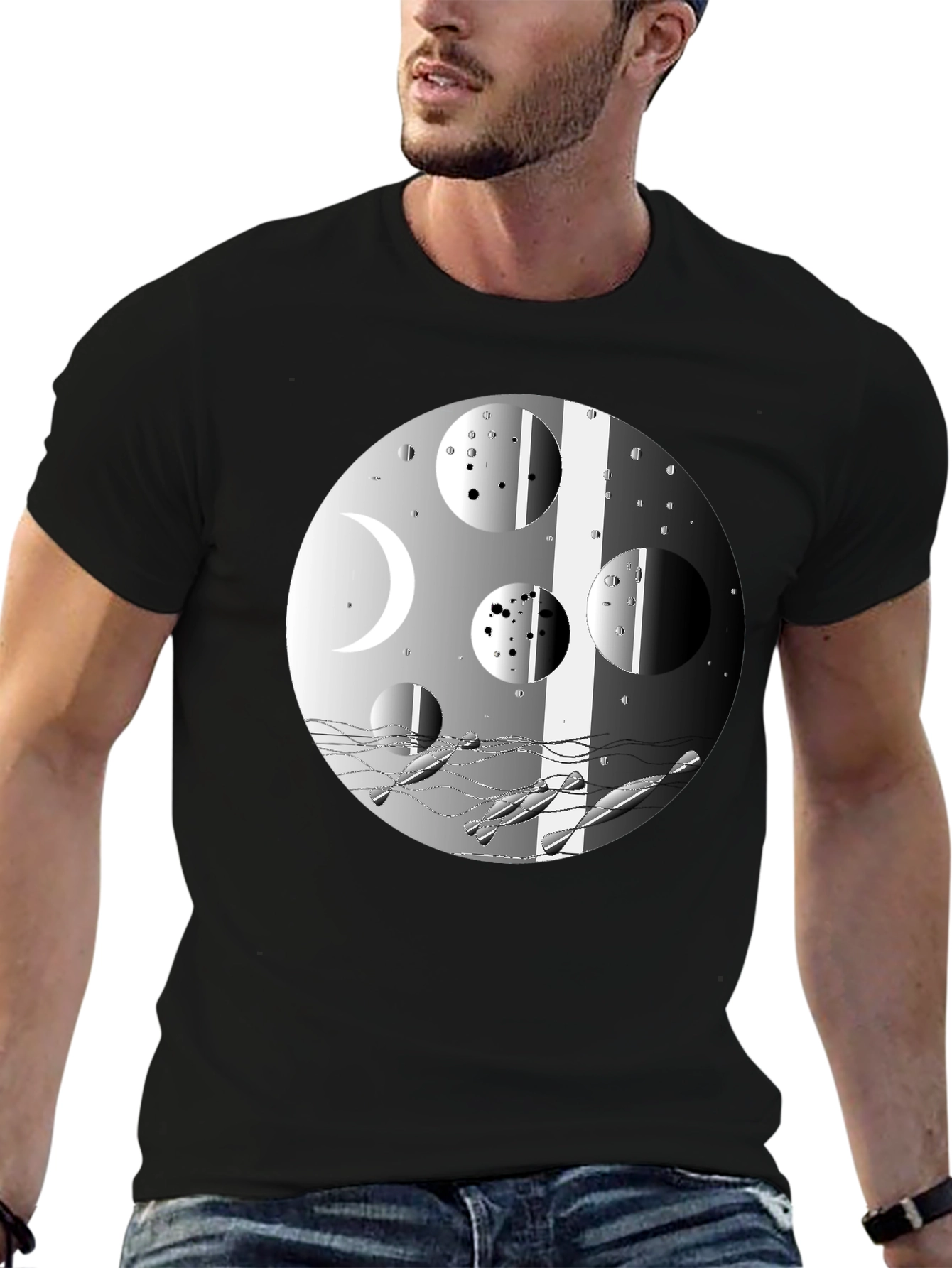 Abstract Moon Phases Graphic Black T-Shirt
