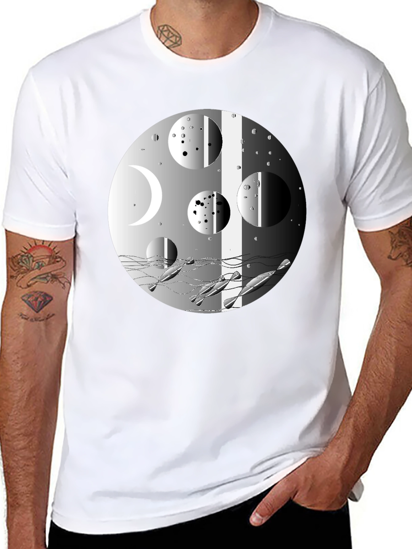 Abstract Moon Phases Graphic Black T-Shirt