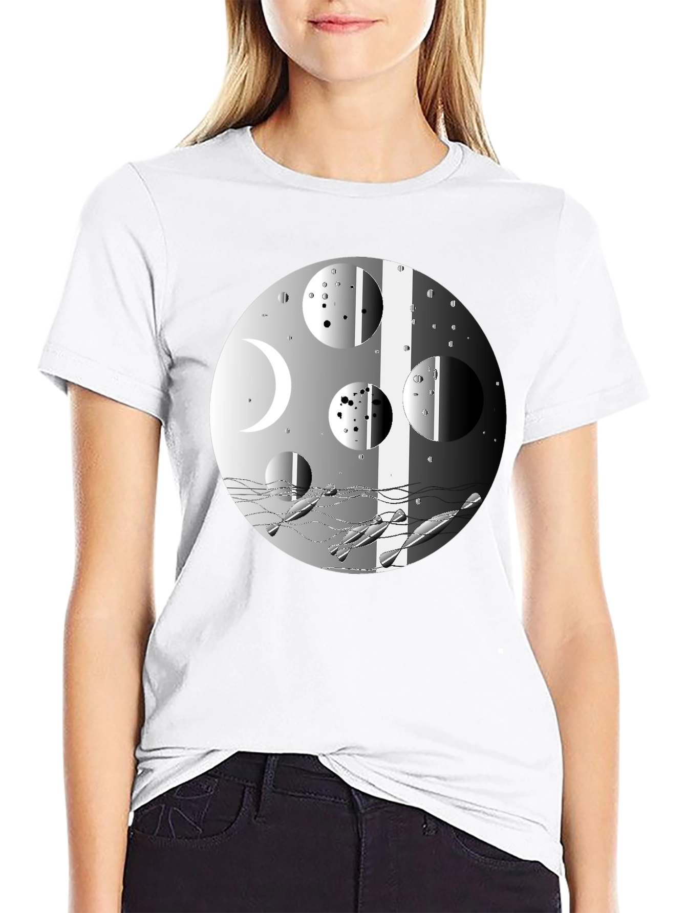 Abstract Moon Phases Graphic Black T-Shirt