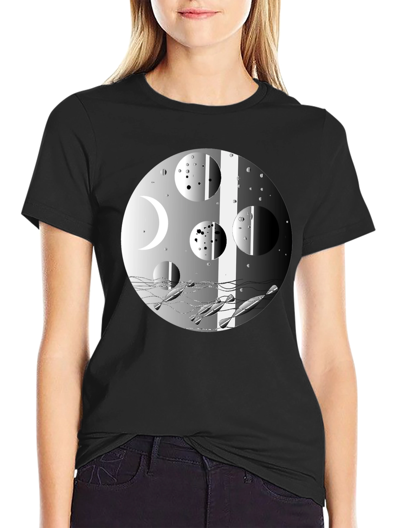 Abstract Moon Phases Graphic Black T-Shirt