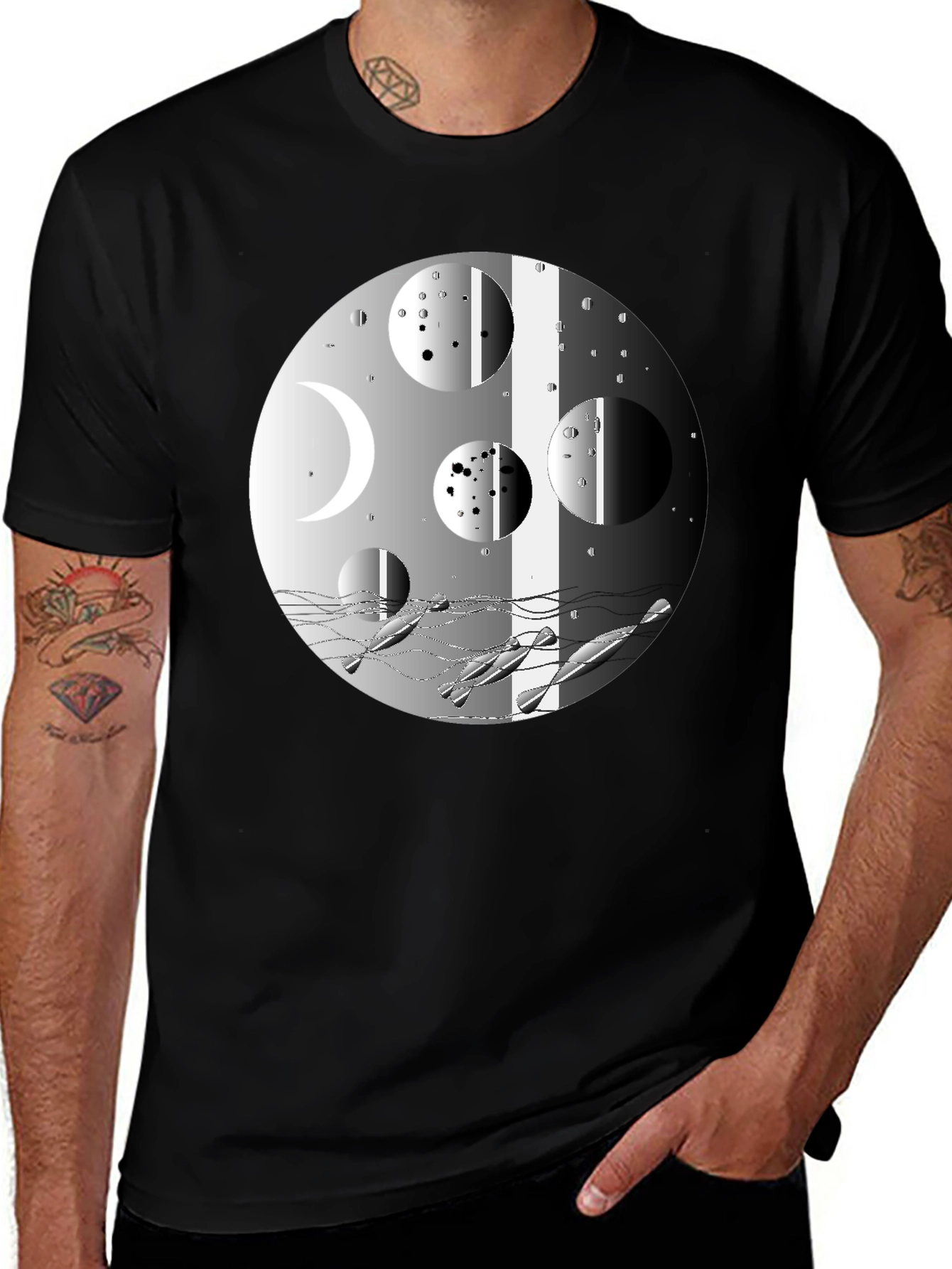 Abstract Moon Phases Graphic Black T-Shirt