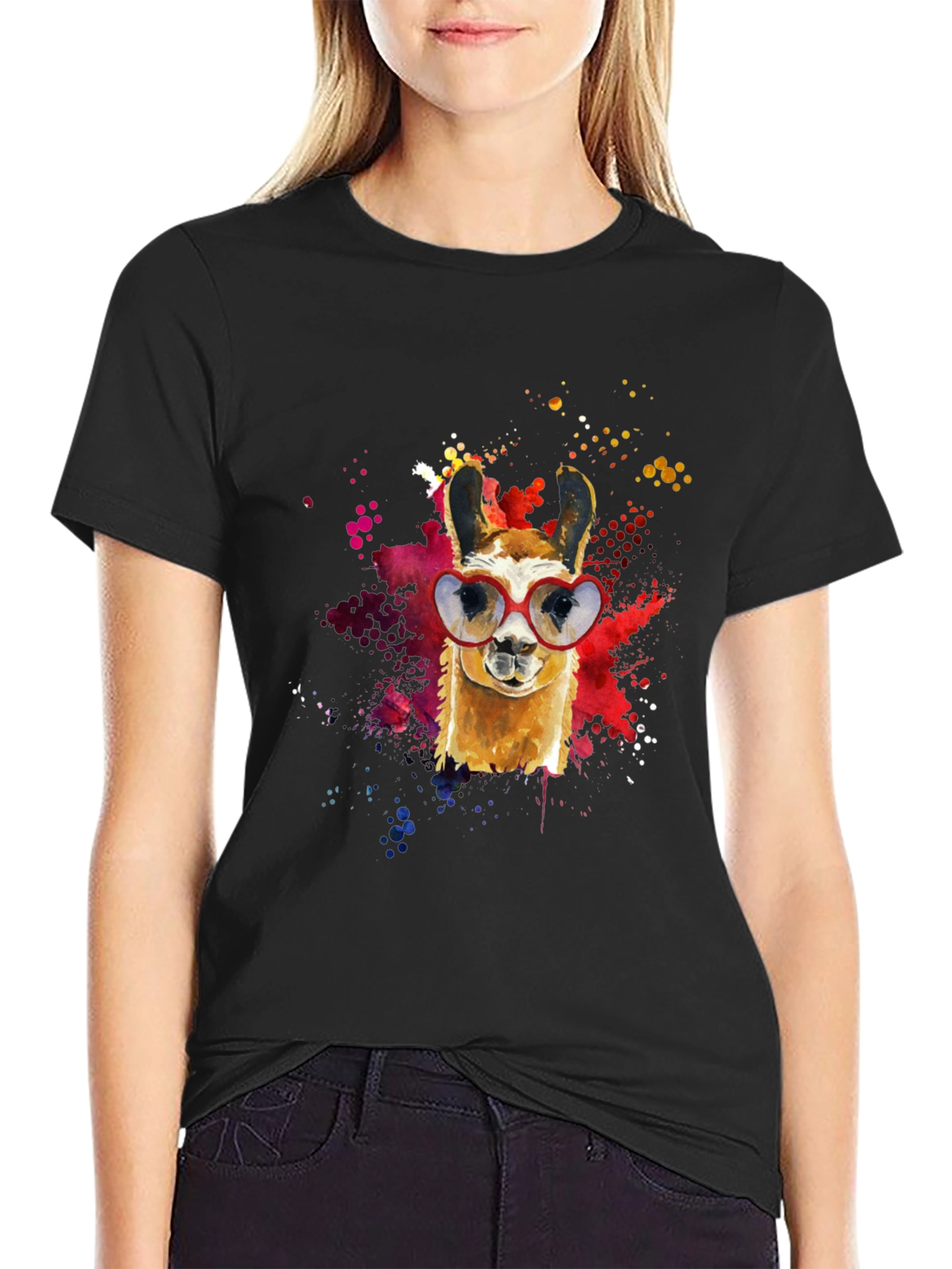 Llama Heart Sunglasses Black T-Shirt