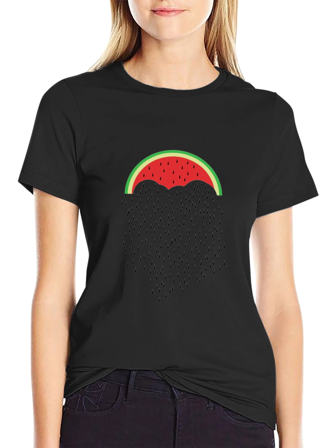 Watermelon Umbrella Graphic Tee - Black Cotton T-Shirt