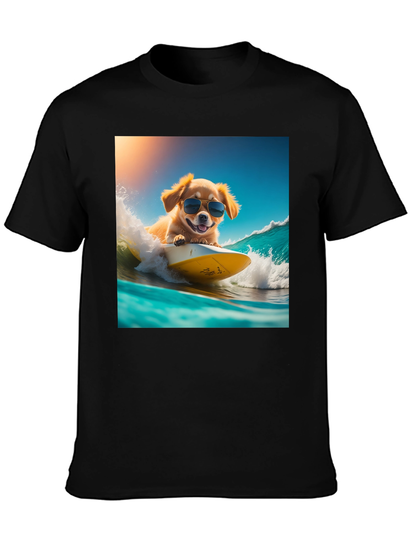 Surfing Dog Graphic Tee - Black Cotton T-Shirt