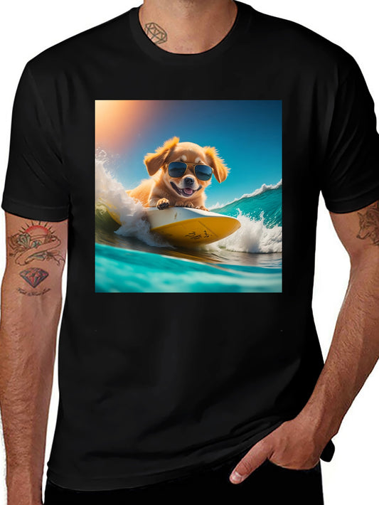 Surfing Dog Graphic Tee - Black Cotton T-Shirt