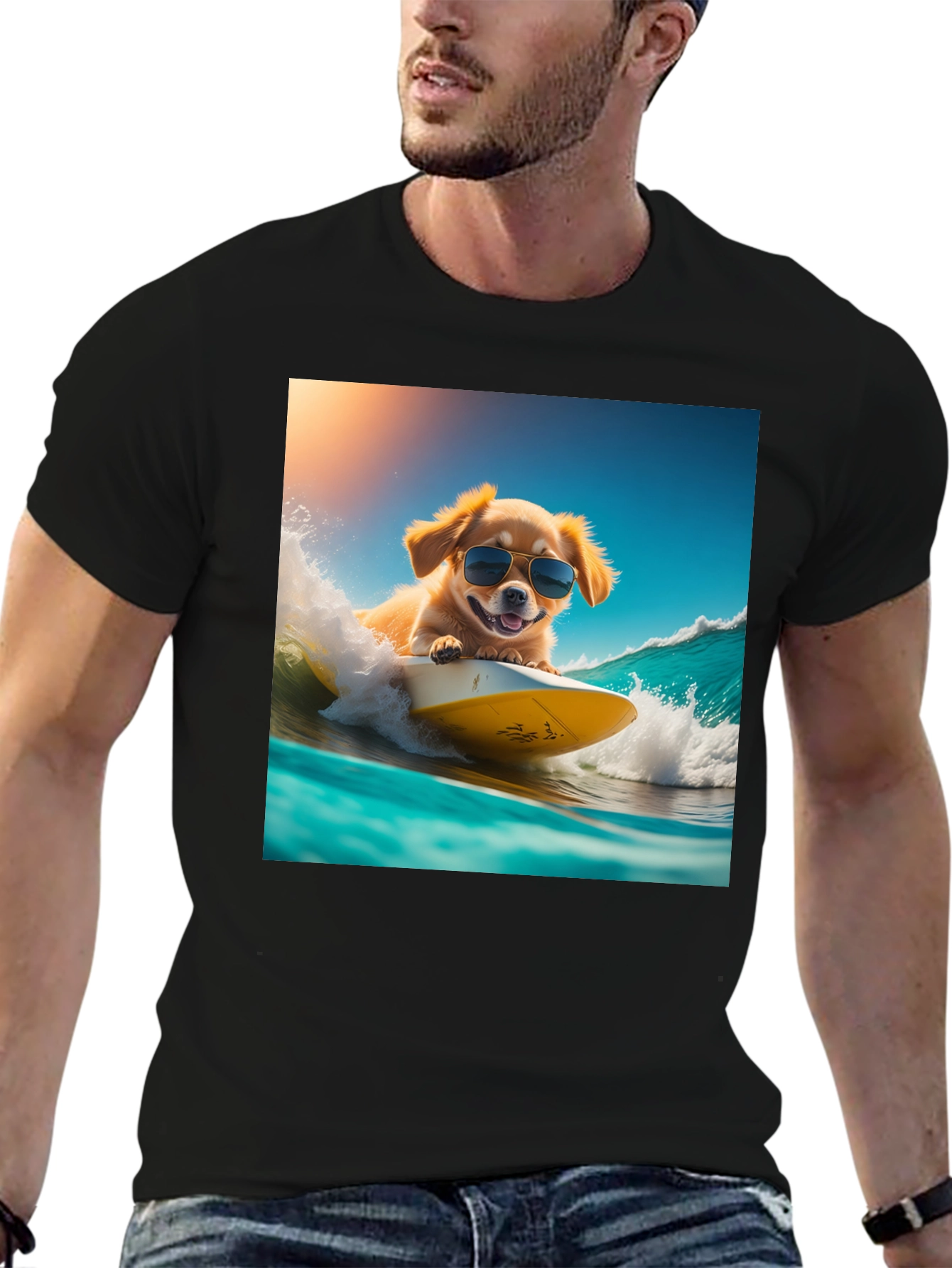 Surfing Dog Graphic Tee - Black Cotton T-Shirt