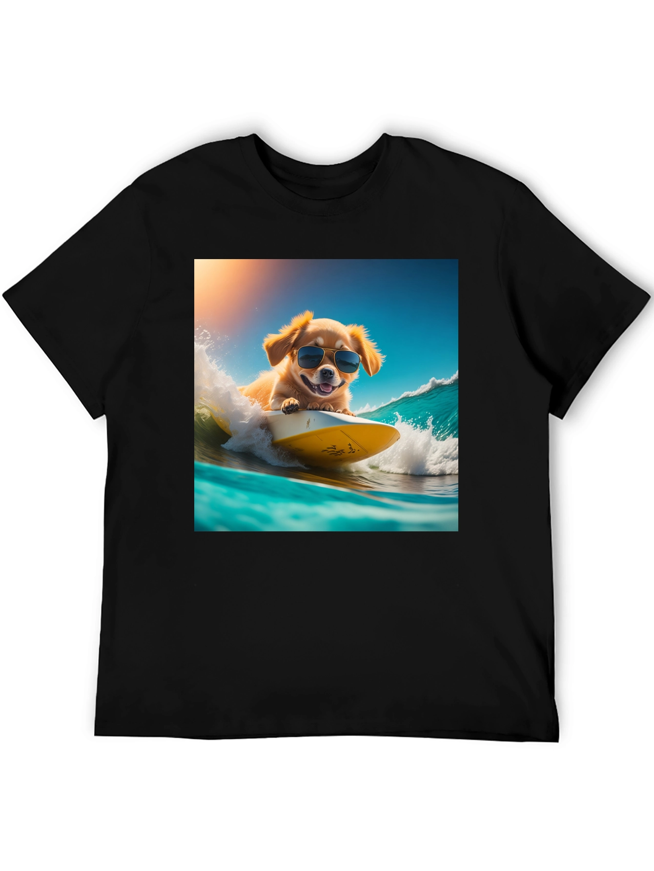 Surfing Dog Graphic Tee - Black Cotton T-Shirt