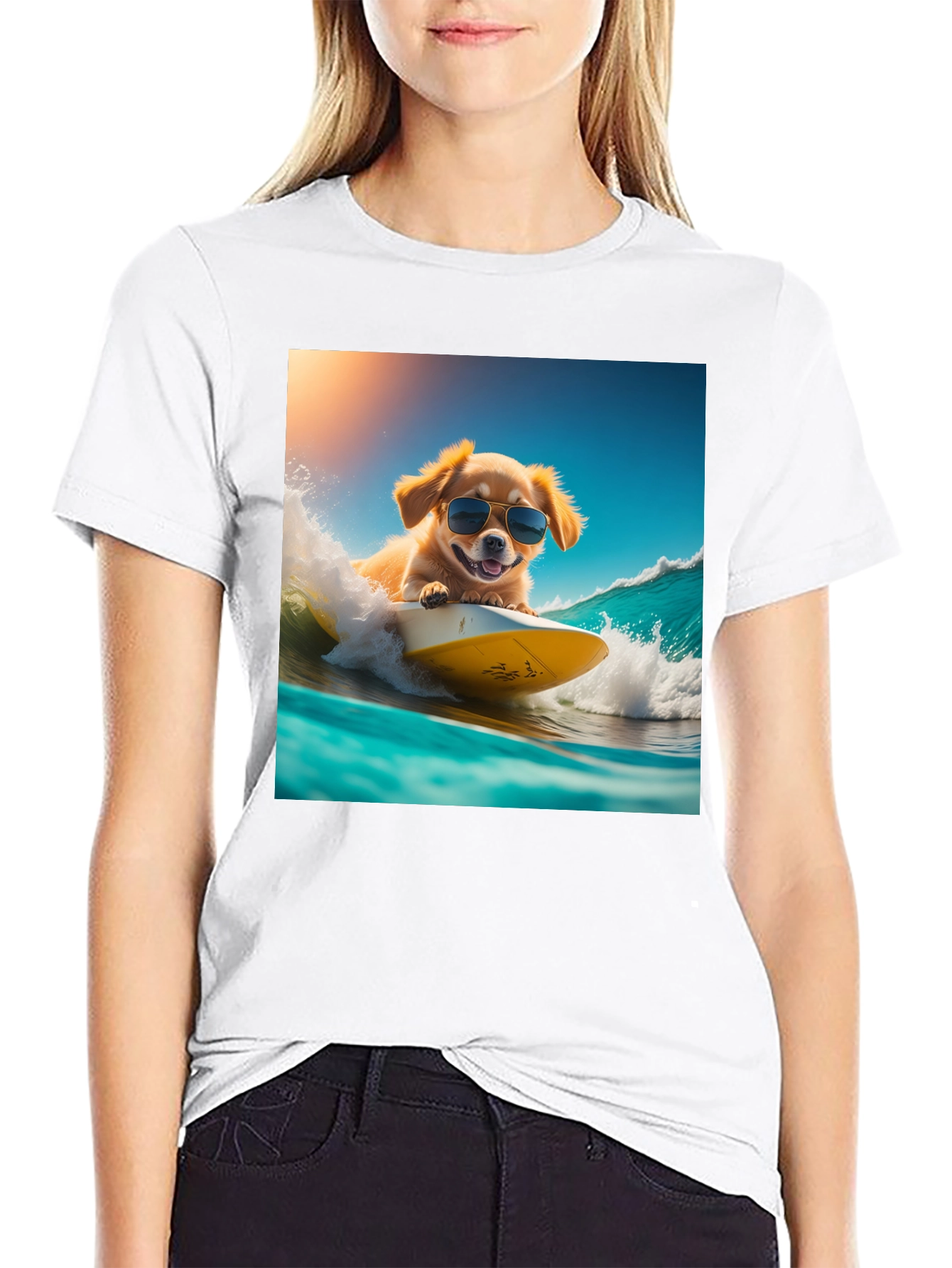 Surfing Dog Graphic Tee - Black Cotton T-Shirt