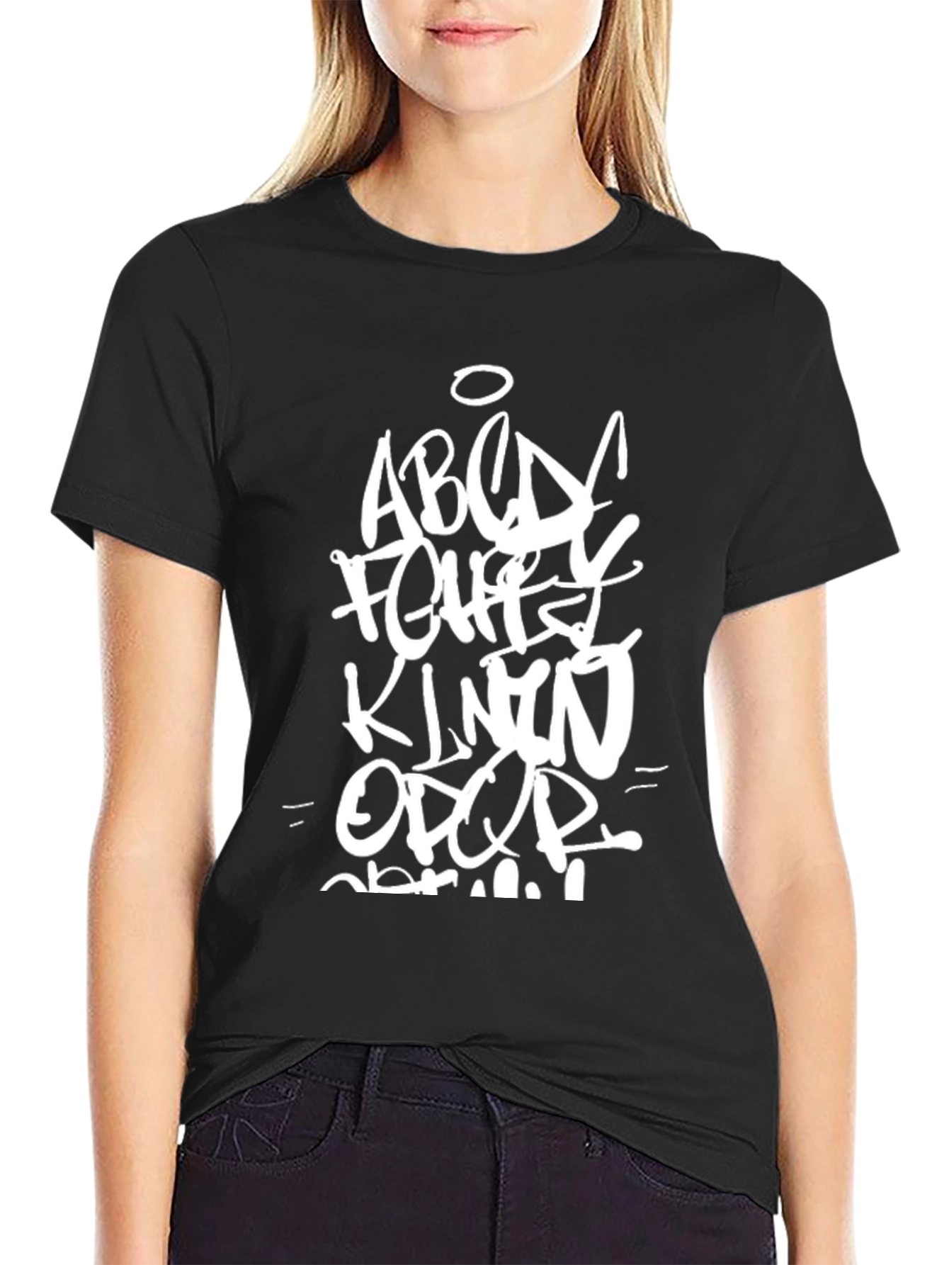 Graffiti Alphabet Print Black Casual T-Shirt